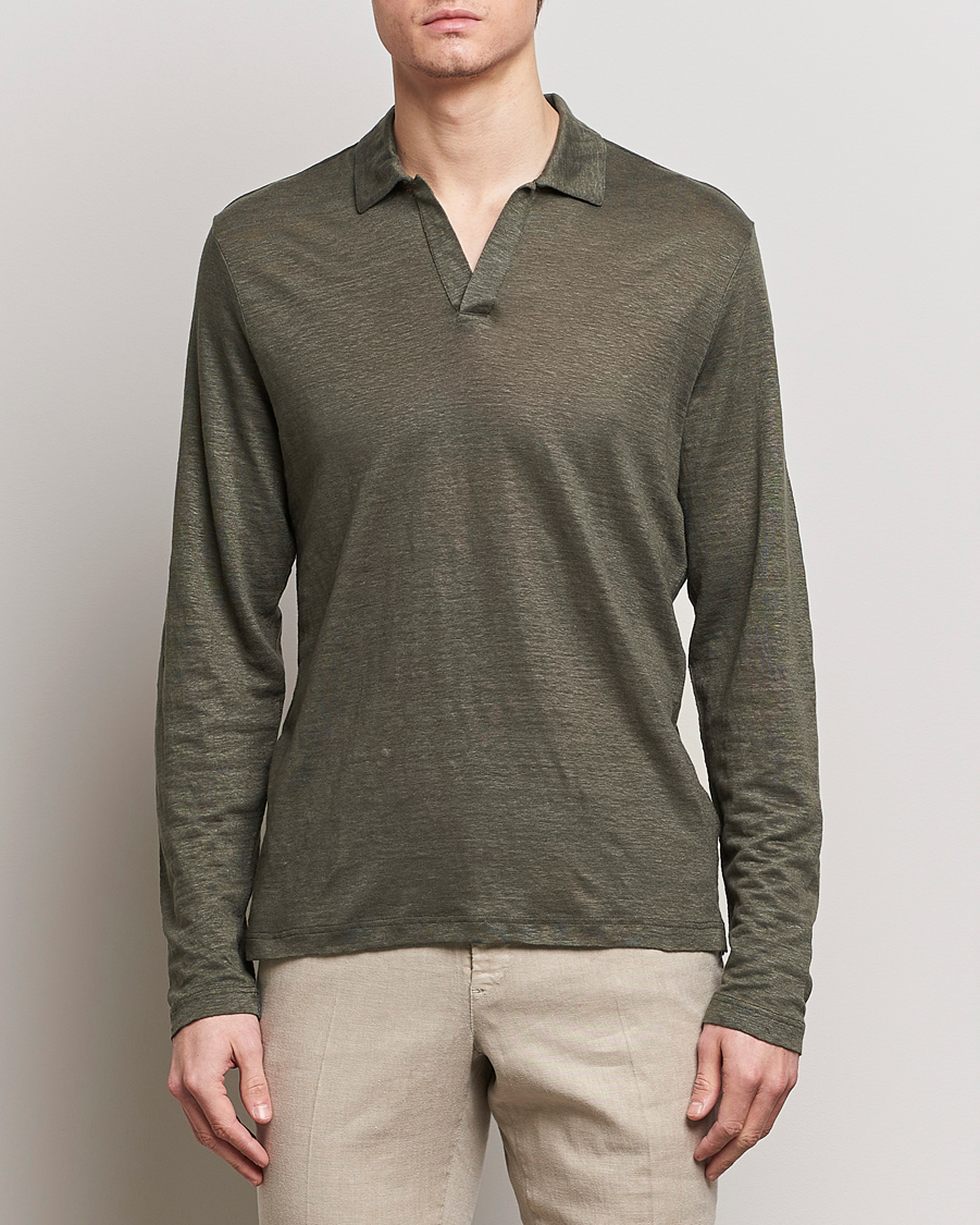 Herren | Poloshirt | Gran Sasso | Washed Linen Long Sleeve Polo Dark Green Melange