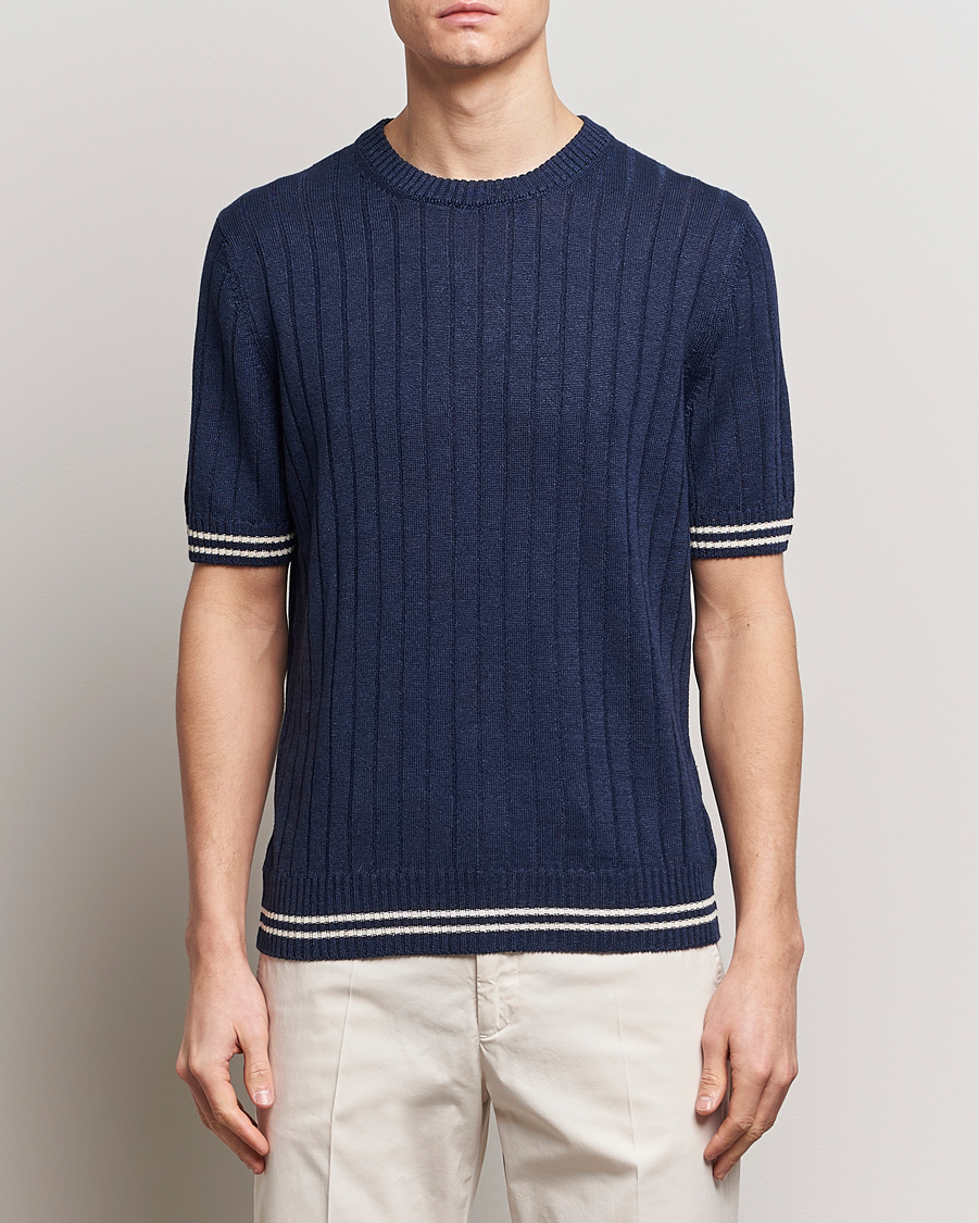 Herren | Kurzarm T-Shirt | Gran Sasso | Linen/Cotton Structured T-Shirt Navy