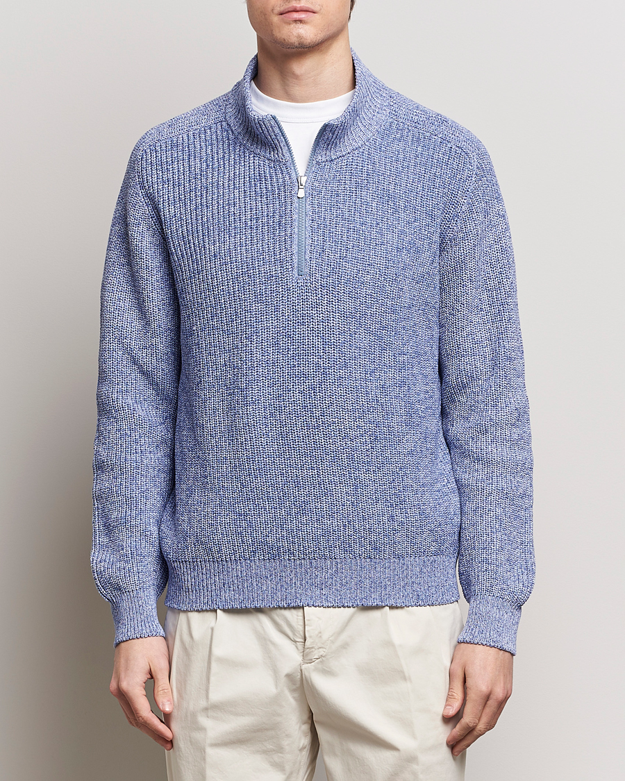 Herren | Kategorie | Gran Sasso | Cotton Heavy Knitted Half Zip Blue Melange