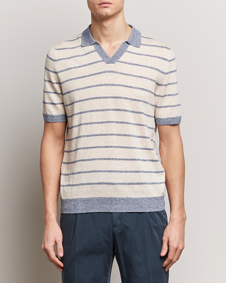 Herren | Kategorie | Gran Sasso | Linen/Cotton Knitted Striped Open Collar Polo Cream/Blue