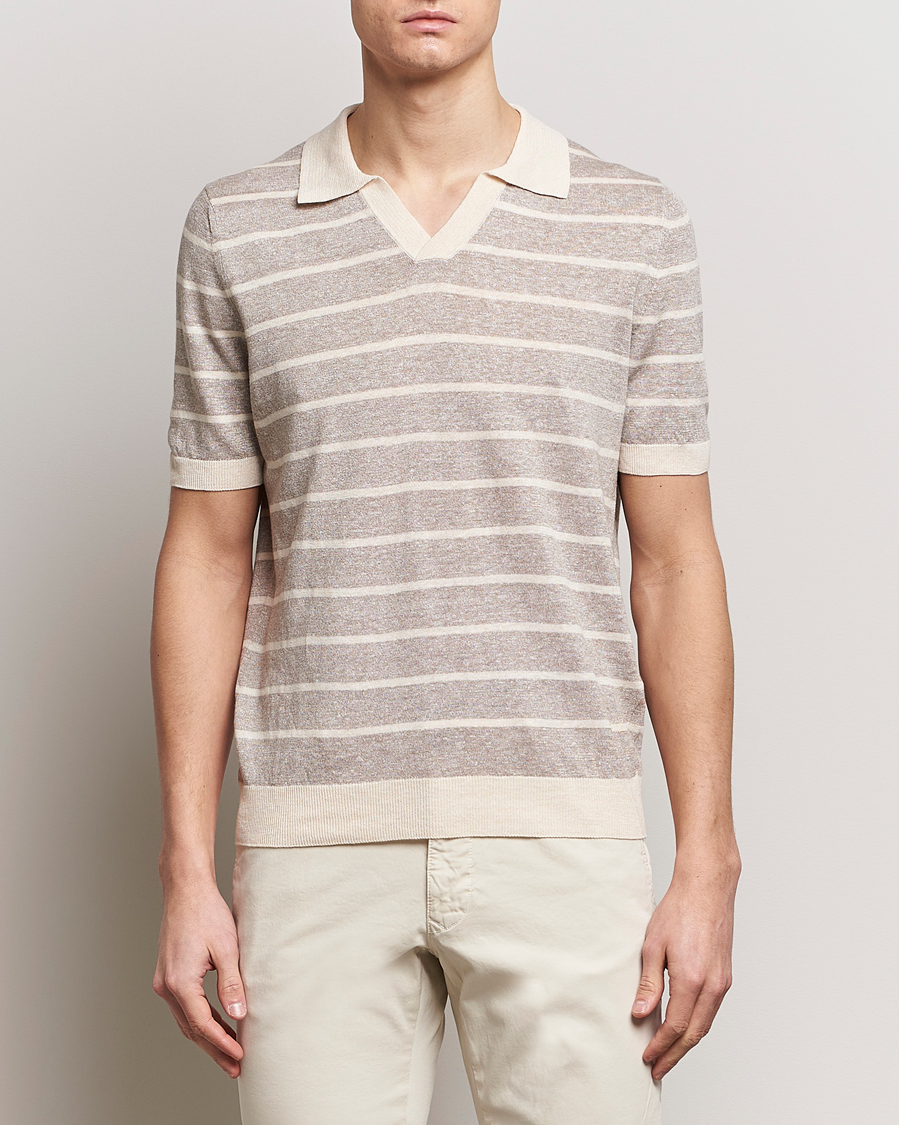 Herren | Poloshirt | Gran Sasso | Linen/Cotton Knitted Striped Open Collar Polo Beige/Cream