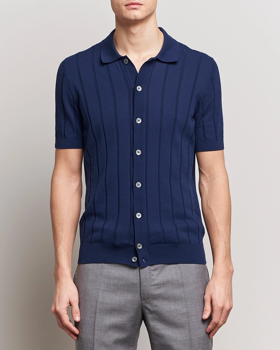 Herren | Kleidung | Gran Sasso | Cotton Structured Knitted Short Sleeve Shirt Light Navy