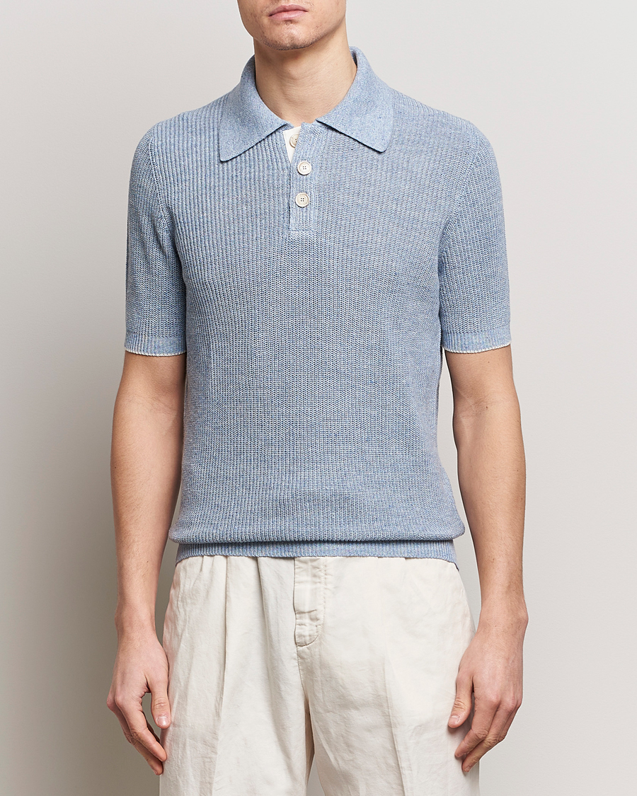 Herren | Kurzarm-Poloshirts | Brunello Cucinelli | Cotton/Linen Rib Knitted Polo Light Blue