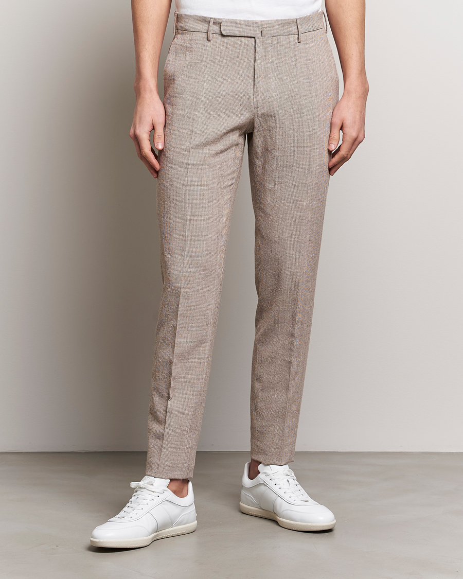Herr | Italian Department | Incotex | Slim Fit Cotton/Linen Micro Houndstooth Trousers Beige