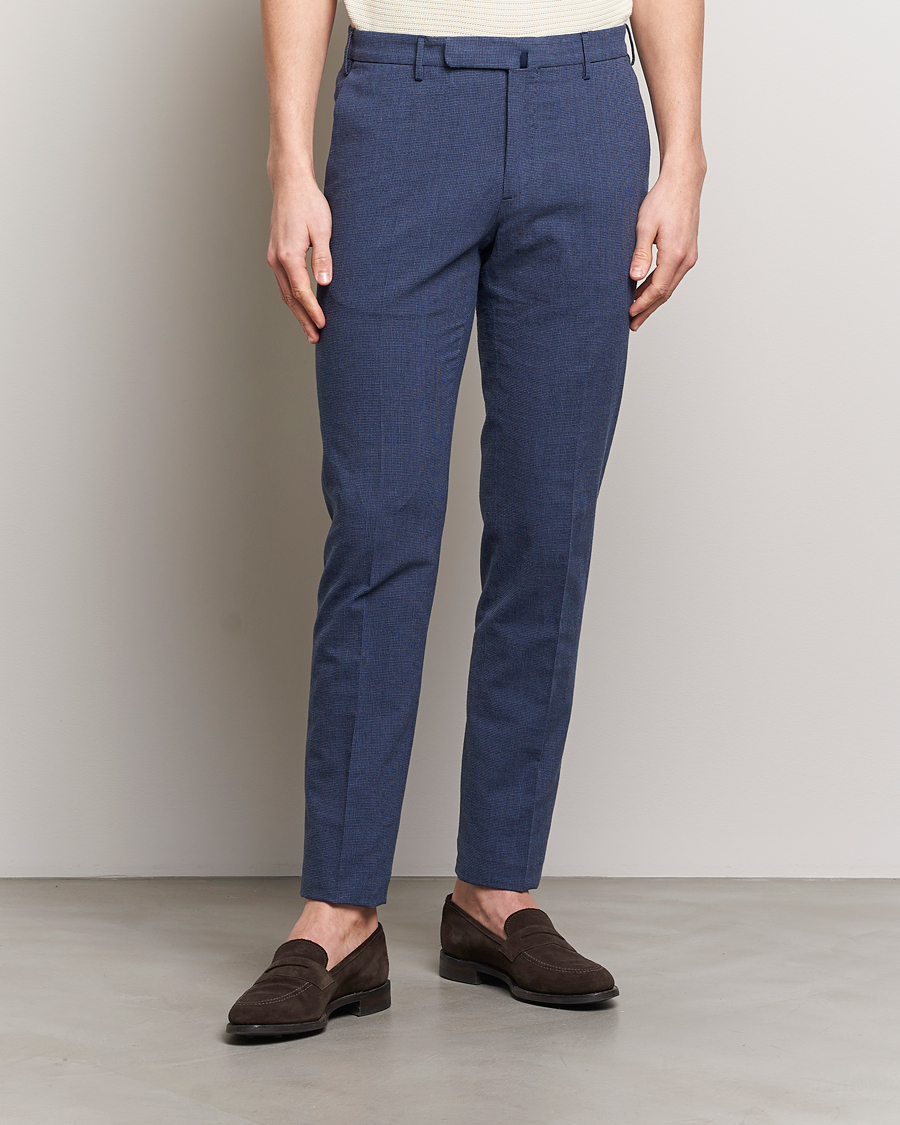 Herren | Slowear | Incotex | Slim Fit Cotton/Linen Micro Houndstooth Trousers Dark Blue