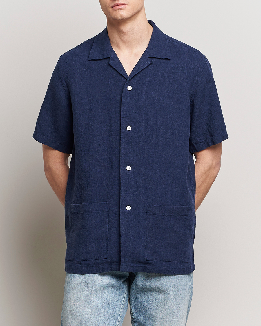 Men | Kamakura Shirts | Kamakura Shirts | Vintage Ivy Heavy Linen Beach Shirt Navy