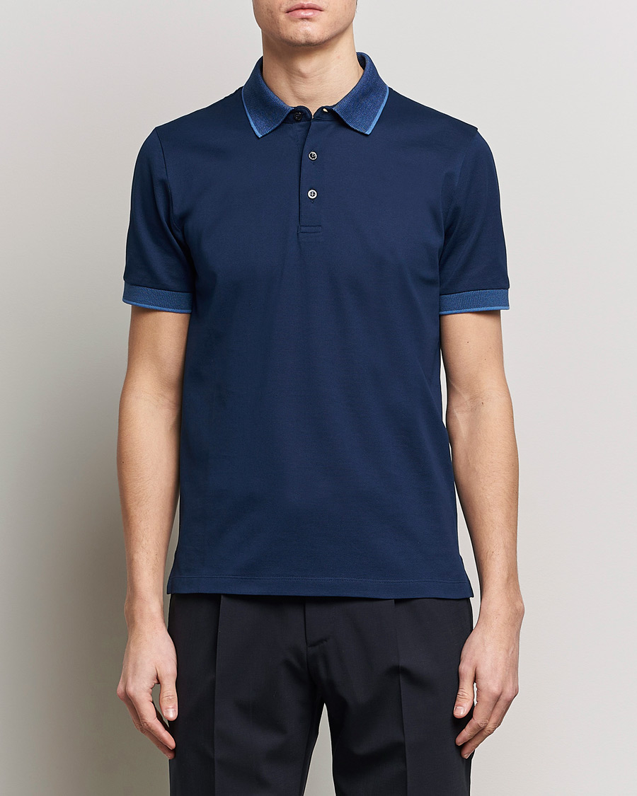 Herren | Kategorie | Canali | Contrast Collar Short Sleeve Polo Dark Blue