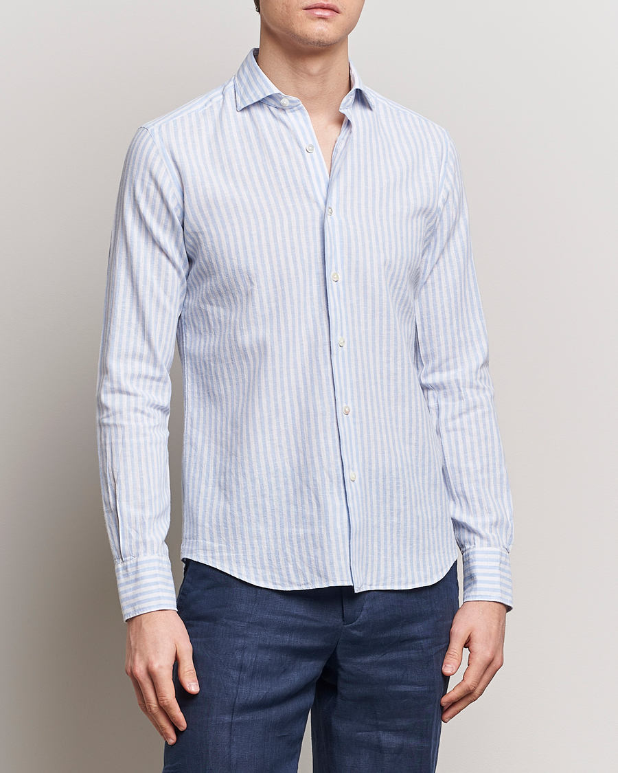 Herren | Summer | Grigio | Washed Linen Shirt Light Blue Stripe