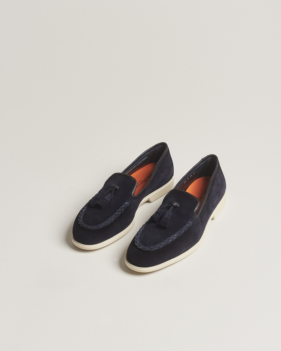 Herren | Handgefertigte Schuhe | Santoni | Summer Tassel Loafers Navy Suede