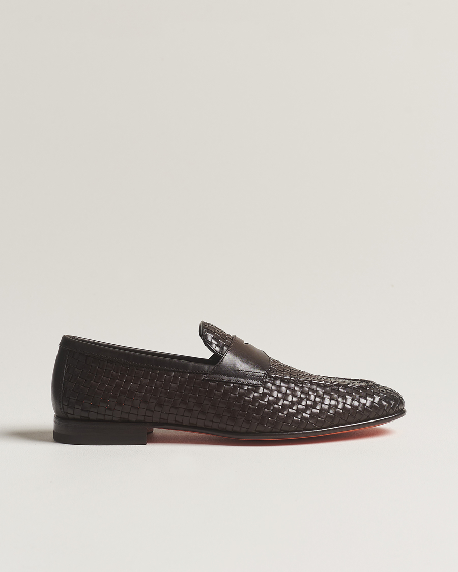 Herren | Santoni Braided Penny Loafers Dark Brown Calf | Santoni | Braided Penny Loafers Dark Brown Calf