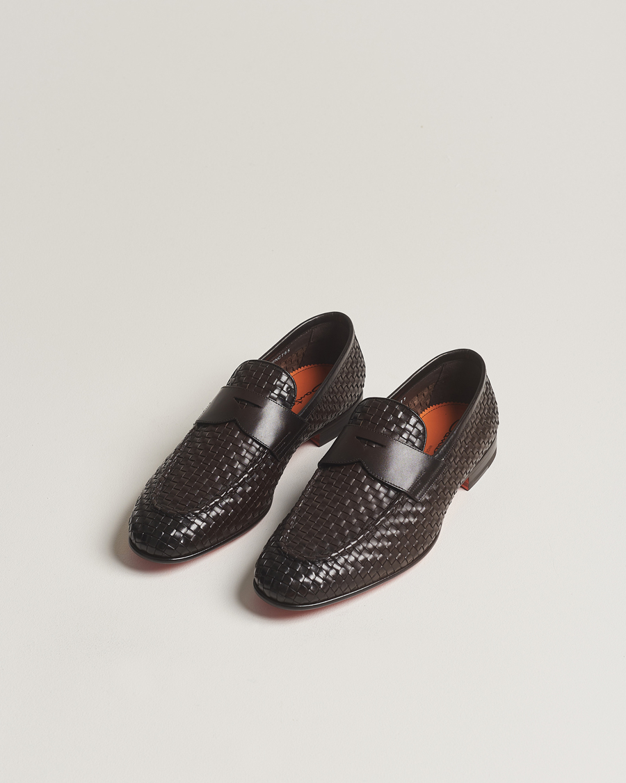 Herren | Handgefertigte Schuhe | Santoni | Braided Penny Loafers Dark Brown Calf