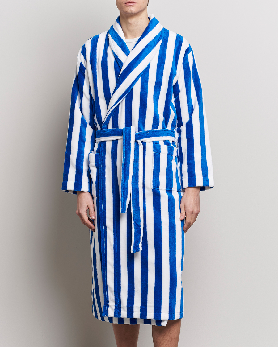 Men | Pyjamas & Robes | Derek Rose | Cotton Velour Striped Gown Blue/White