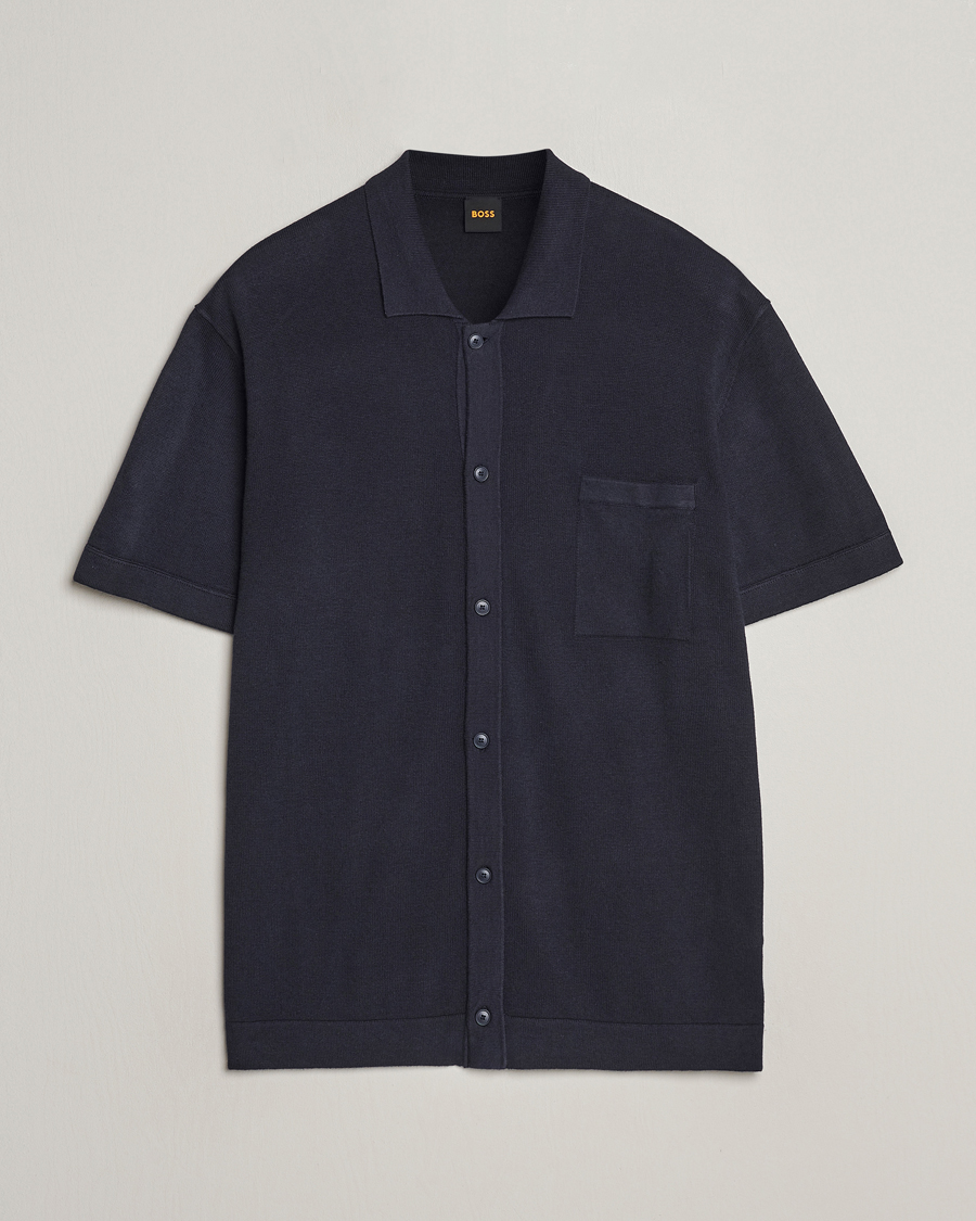 Herren | Hemden | BOSS ORANGE | Kamiccio Knitted Short Sleeve Shirt Dark Blue