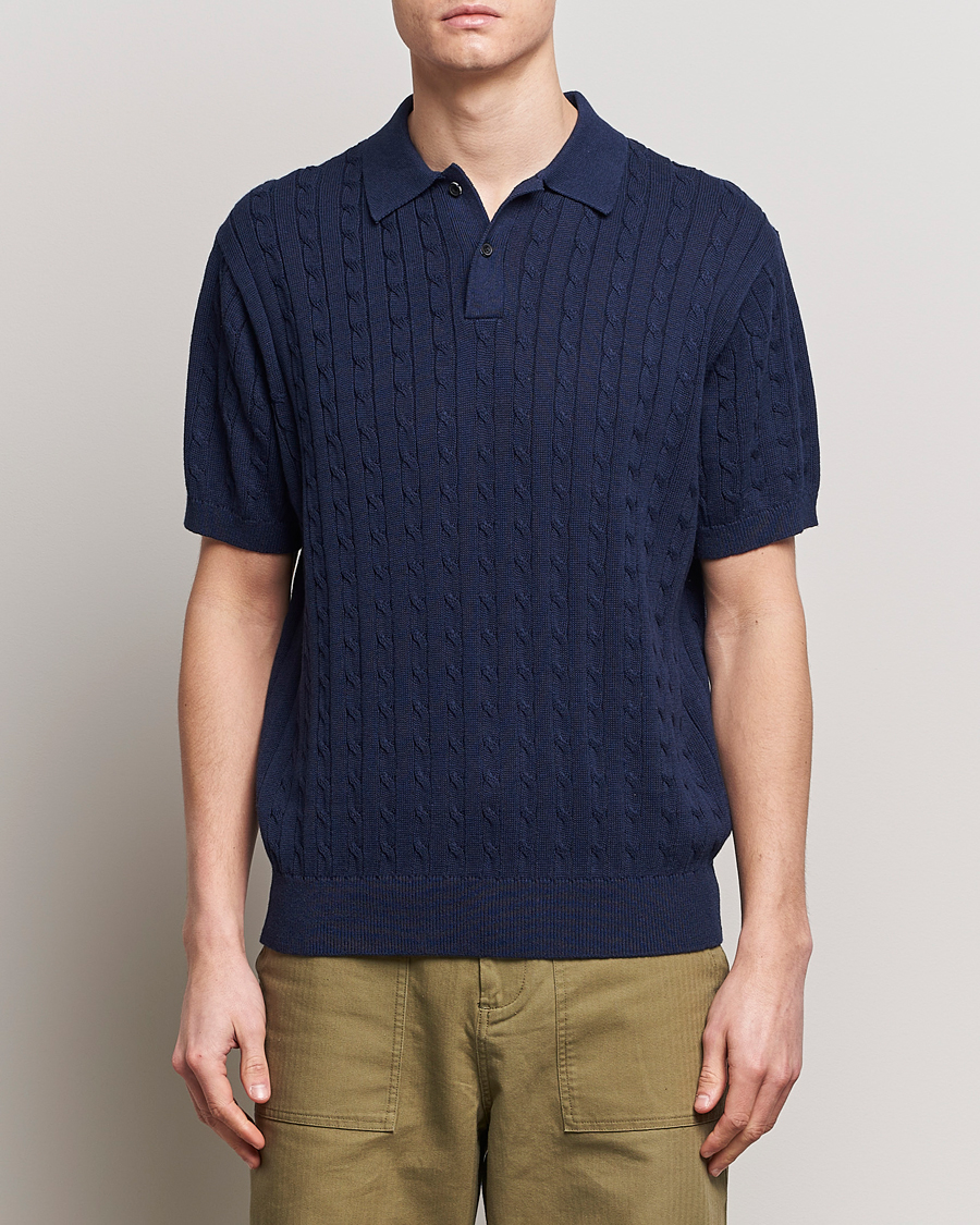 Men | Polo Shirts | BEAMS PLUS | Cable Knit Short Sleeve Polo Navy