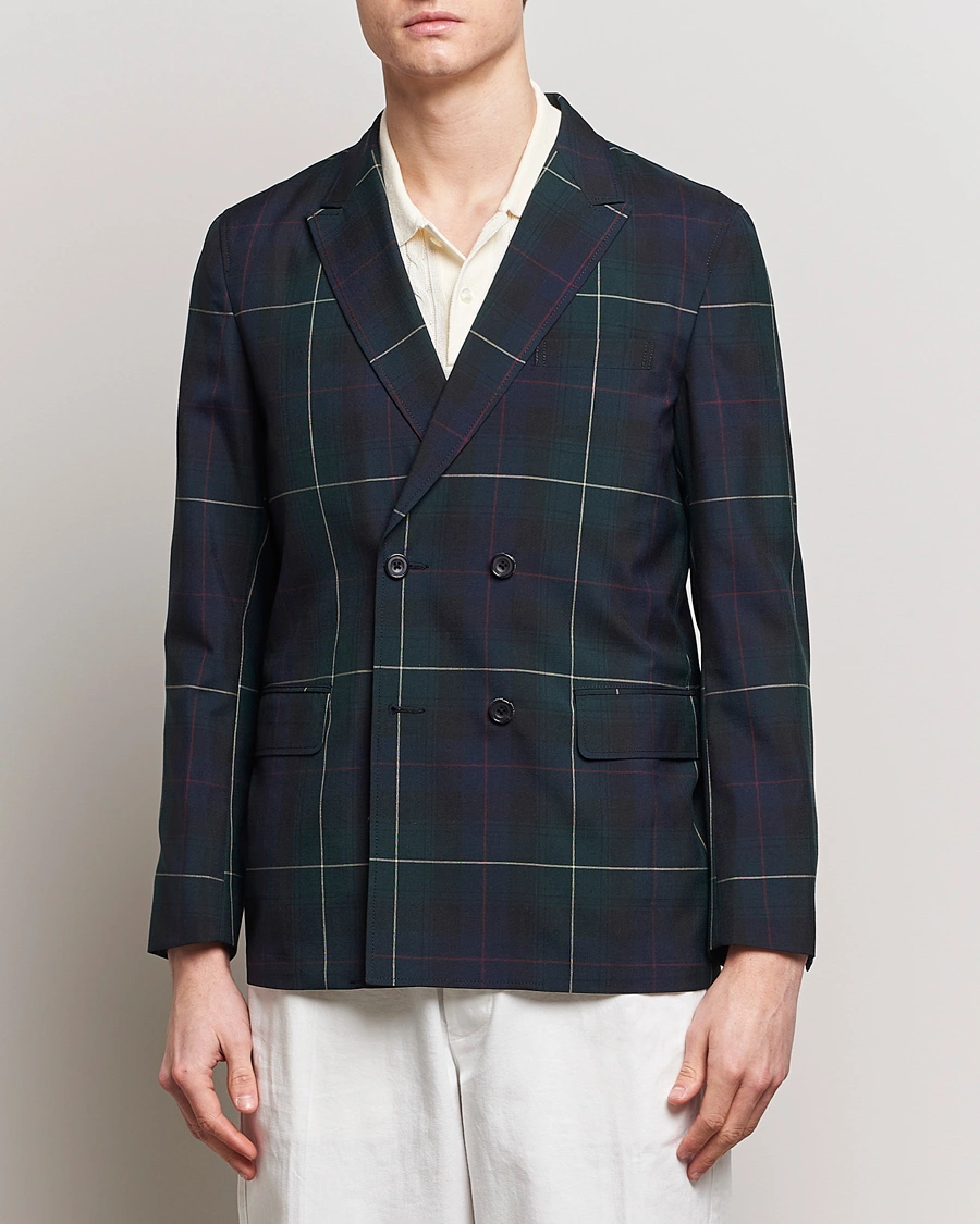 Men | Preppy Authentic | BEAMS PLUS | Double Breasted Plaid Wool Blazer Green Plaid