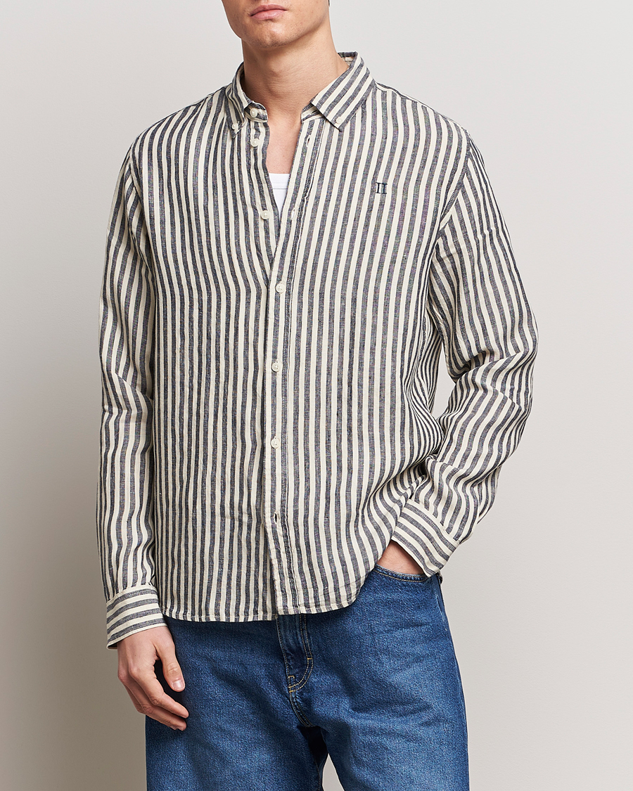 Herren |  | LES DEUX | Kristian Striped Linen Button Down Shirt Ivory/Navy