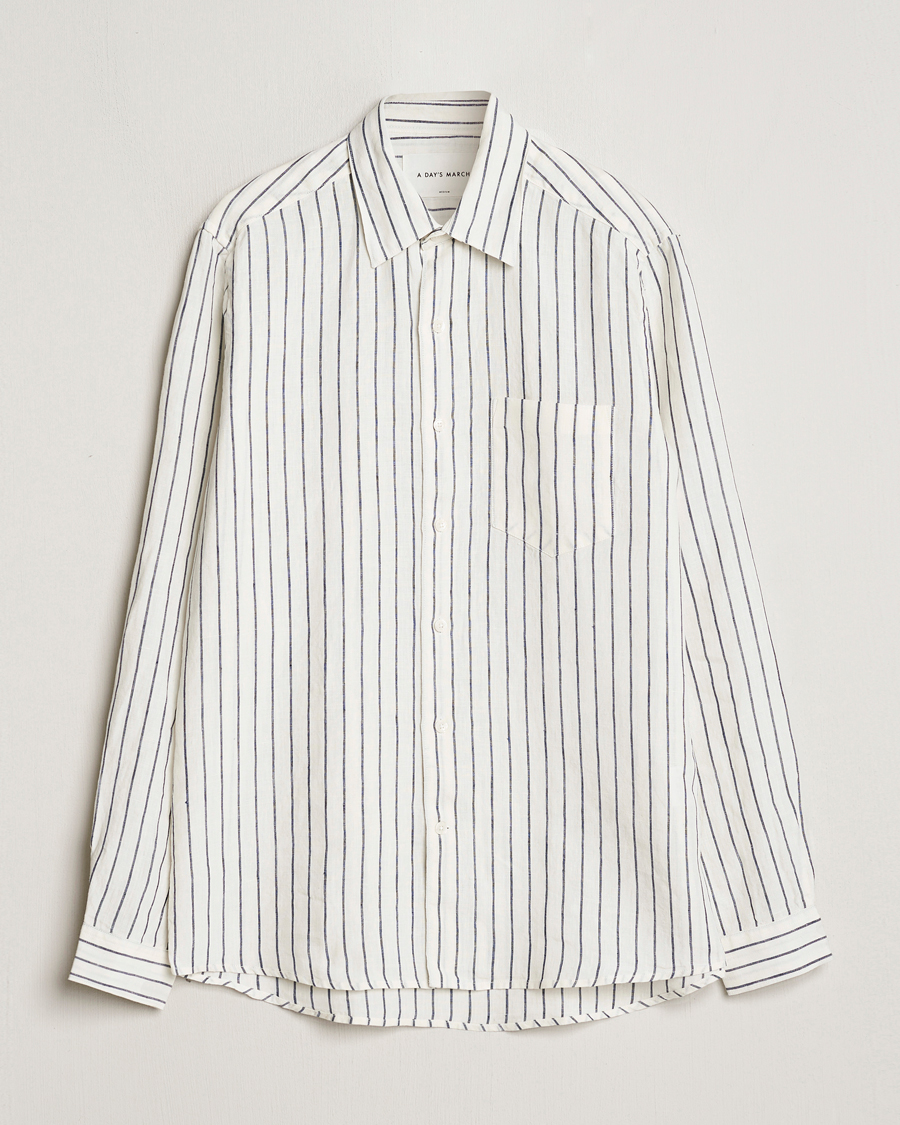 Herren | Hemden | A Day's March | Abu Striped Linen Shirt White/Navy