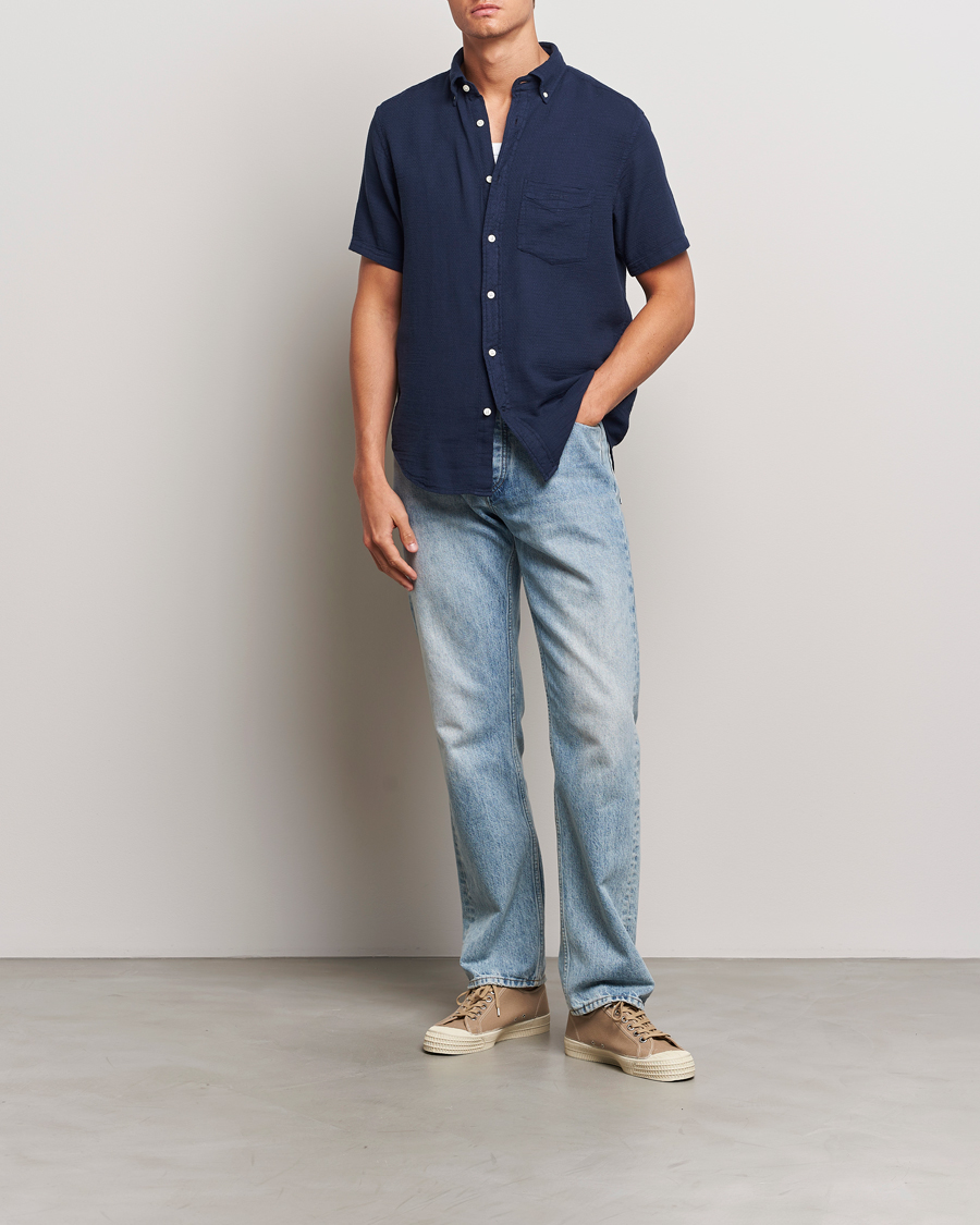Herren | Hemden | Gant | Cotton/Linen Texture Short Sleeve Shirt Evening Blue