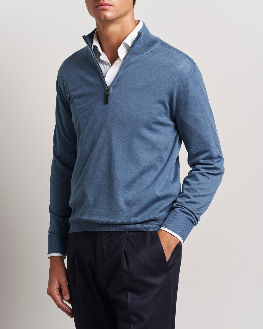 Herren | Pullover | Canali | Merino Wool Half Zip Light Blue