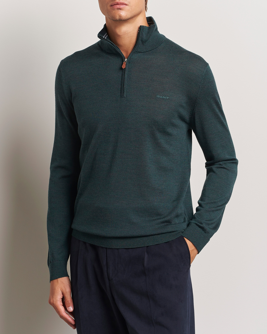 Herren | Pullover | GANT | Extrafine Merino Wool Half Zip Tartan Green