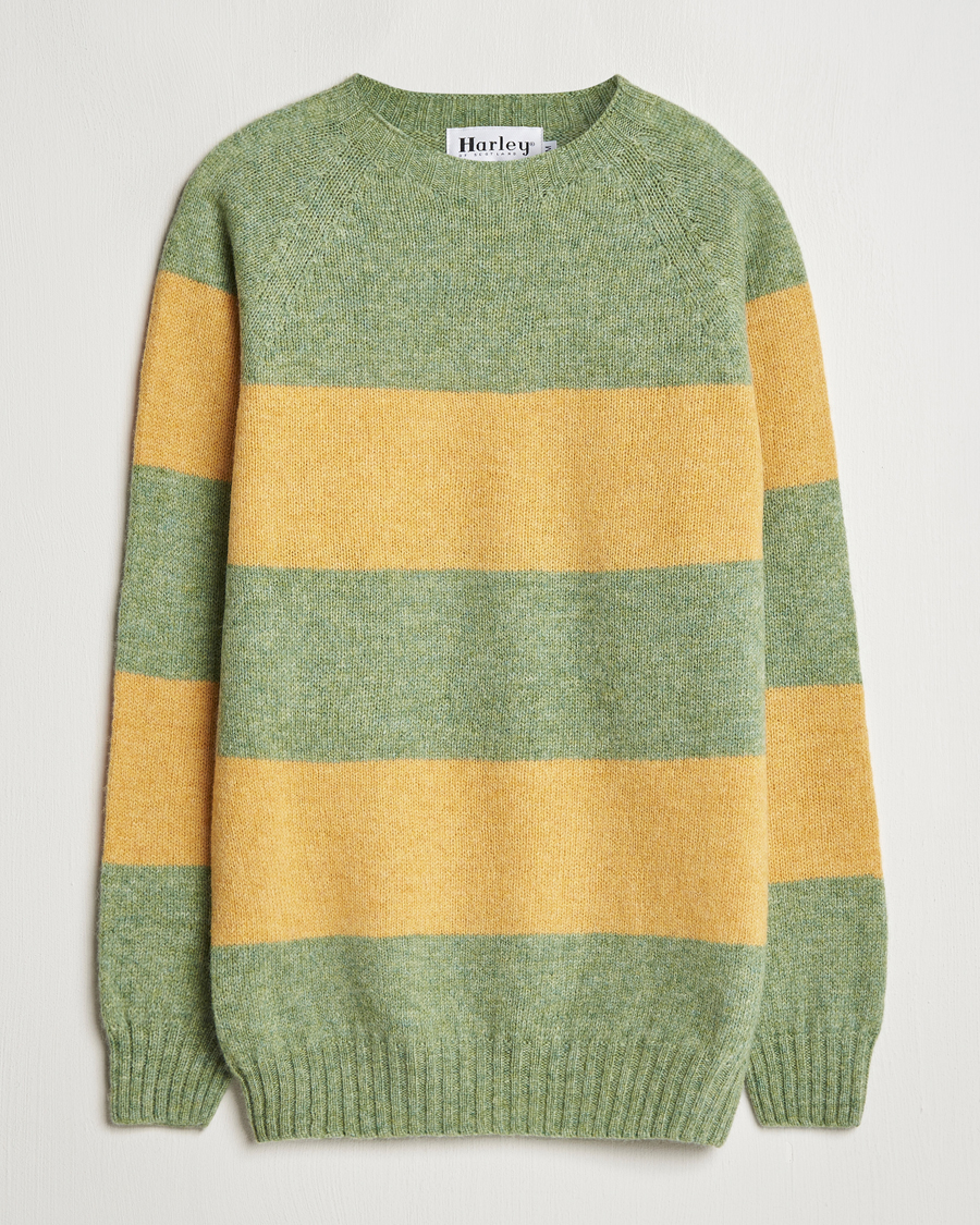Herren | Pullover | Harley Of Scotland | Block Stripe Lambswool Crewneck Yellow/Green