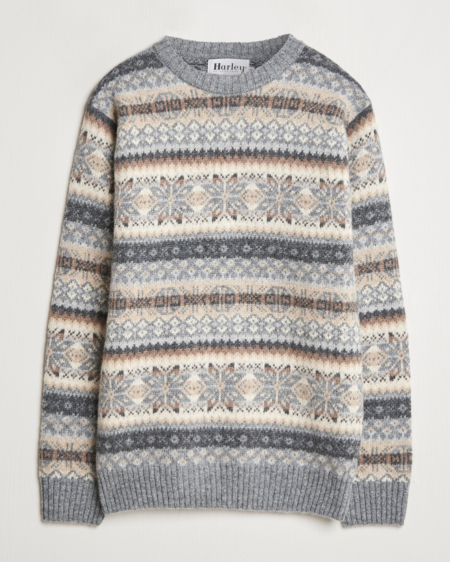 Herren | Pullover | Harley Of Scotland | Supersoft Lambswool Fairisle Crewneck Grey