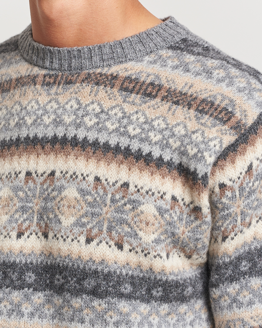 Herren | Pullover | Harley Of Scotland | Supersoft Lambswool Fairisle Crewneck Grey