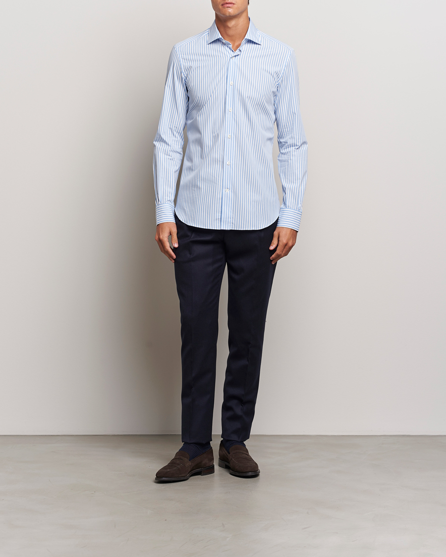 Herren | Hemden | Mazzarelli | Soft Cotton Striped Cut Away Shirt Light Blue