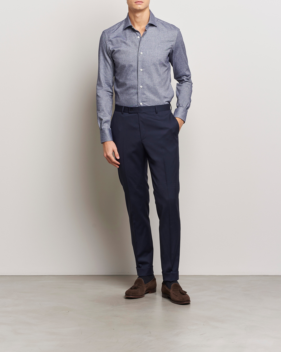 Herren | Hemden | Mazzarelli | Soft Flannel Cut Away Shirt Dark Blue