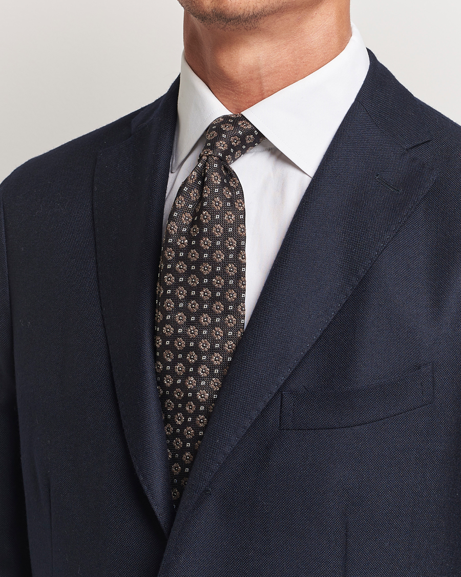 Herren | Amanda Christensen Silk/Cotton Printed Flower 8cm Tie Olive | Amanda Christensen | Silk/Cotton Printed Flower 8cm Tie Olive