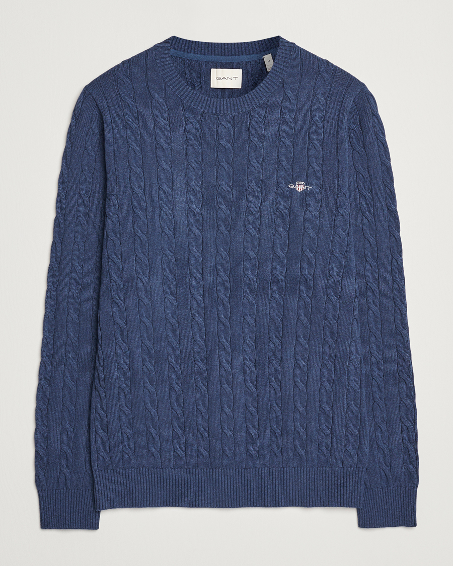 Herren | Pullover | GANT | Cotton Cable Crew Neck Dark Jeans Blue Melange