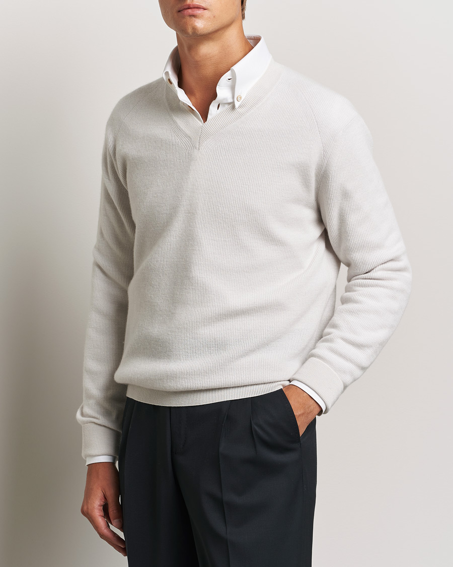 Herren | Pullover | Brioni | Rib Cashmere V-Neck Sweater Light Grey