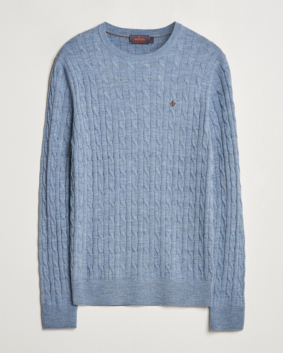 Herren | Pullover | Morris | Merino Cable O-Neck Light Blue