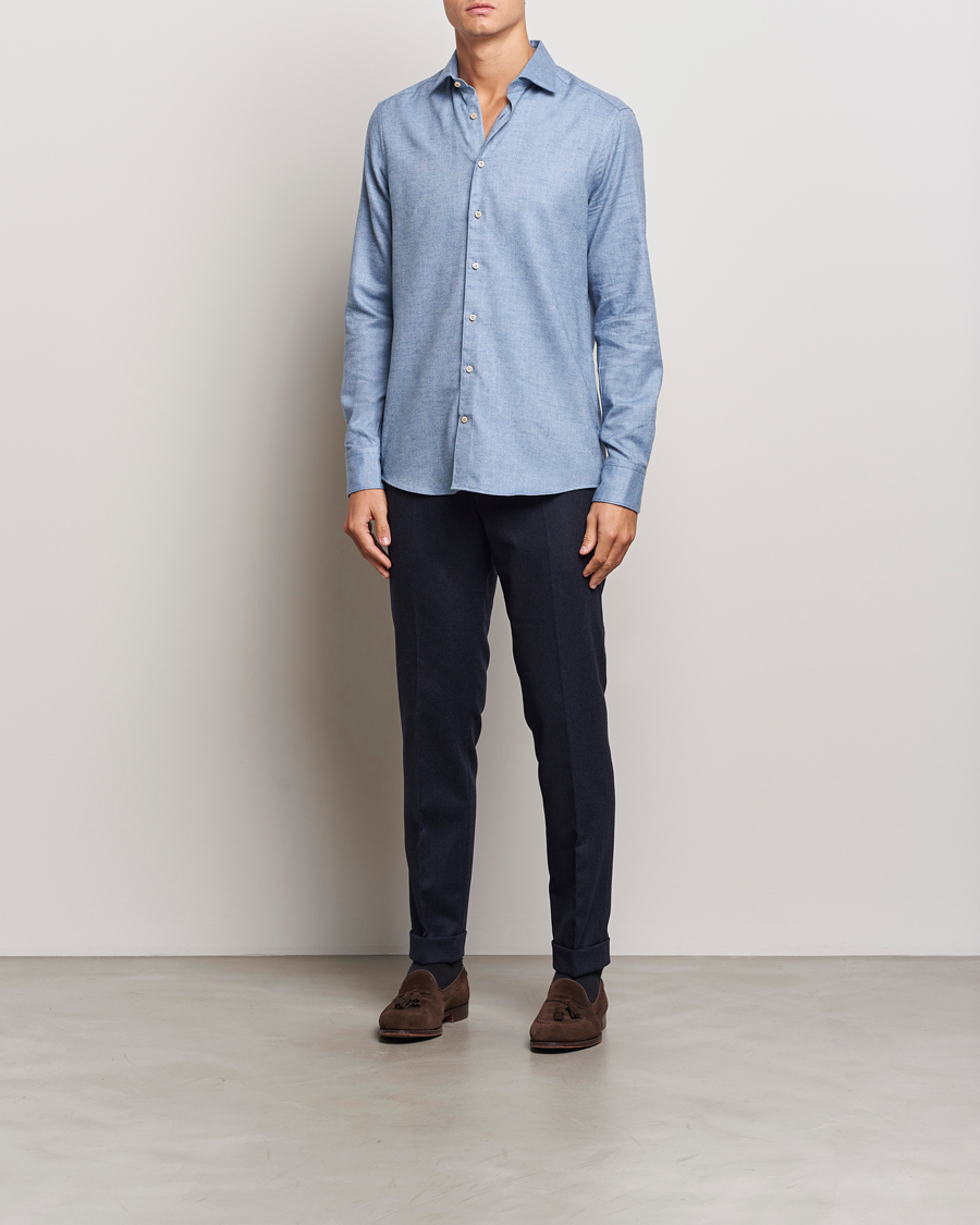 Herren | Hemden | Stenströms | Slimline Brushed Cotton/Lyocell Cut Away Shirt Blue