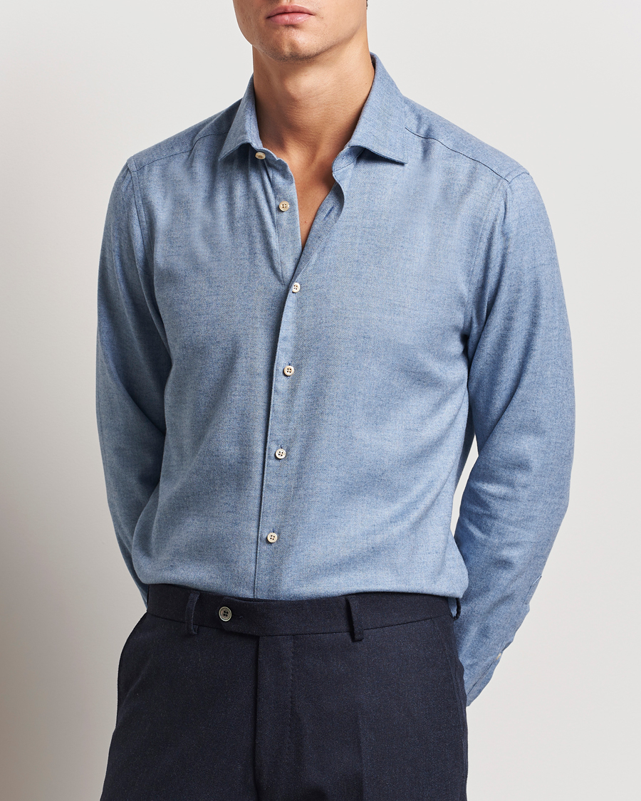 Herren | Hemden | Stenströms | Slimline Brushed Cotton/Lyocell Cut Away Shirt Blue