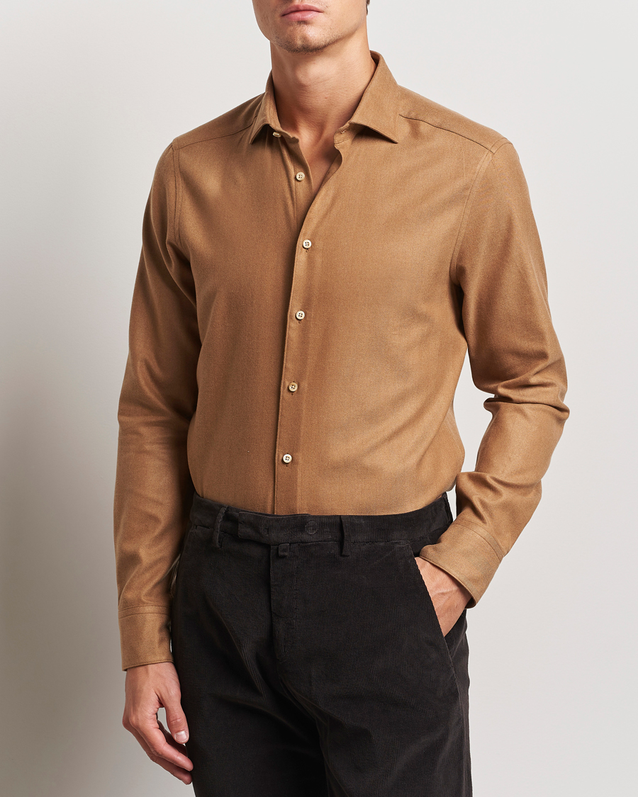Herren | Hemden | Stenströms | Slimline Brushed Cotton/Lyocell Cut Away Shirt Brown