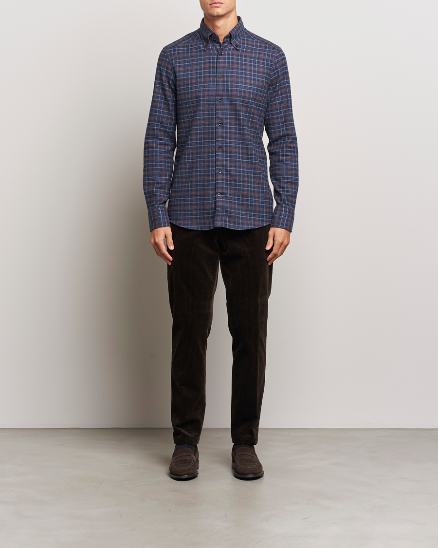 Herren | Hemden | Stenströms | Slimline Small Check Flannel Shirt Dark Blue