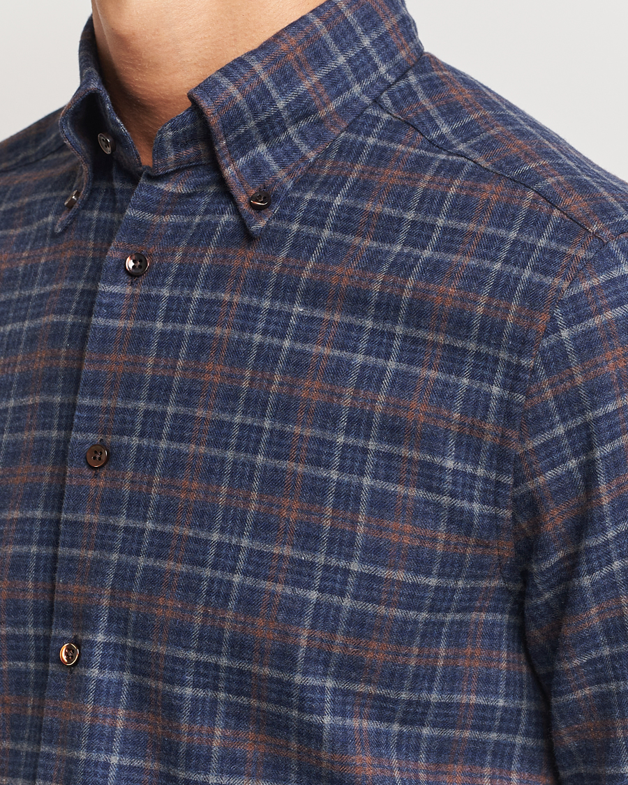 Herren | Hemden | Stenströms | Slimline Small Check Flannel Shirt Dark Blue