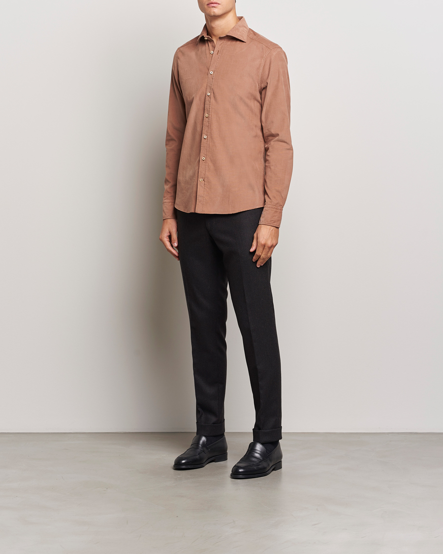 Herren | Hemden | Stenströms | Slimline Cut Away Cord Shirt Light Brown