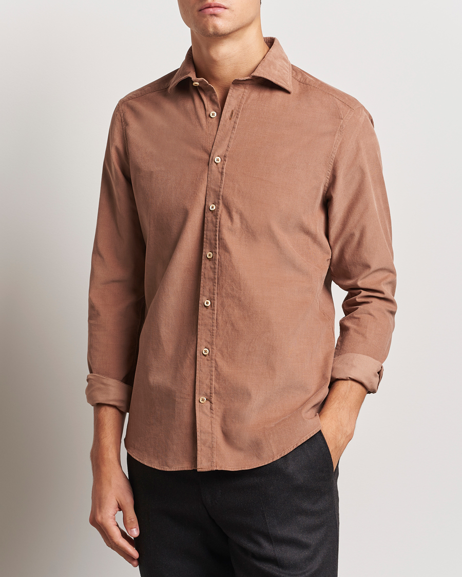 Herren | Hemden | Stenströms | Slimline Cut Away Cord Shirt Light Brown