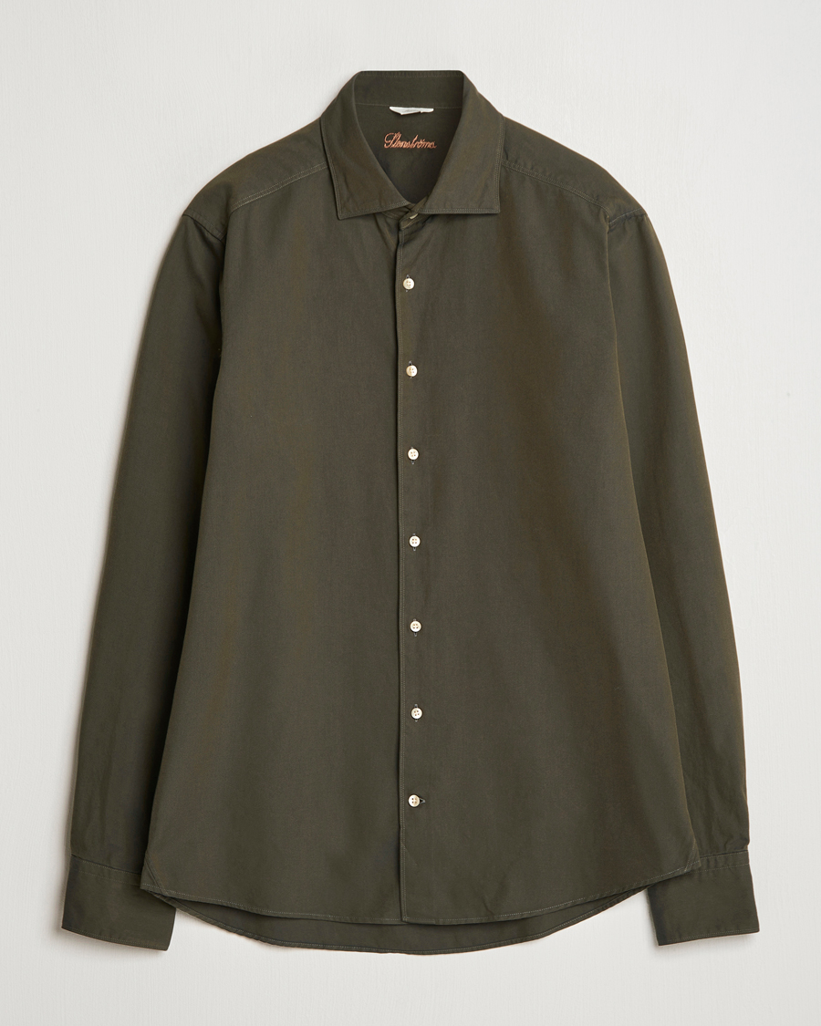Herren | Hemden | Stenströms | Slimline Cut Away Washed Twill Shirt Dark Green