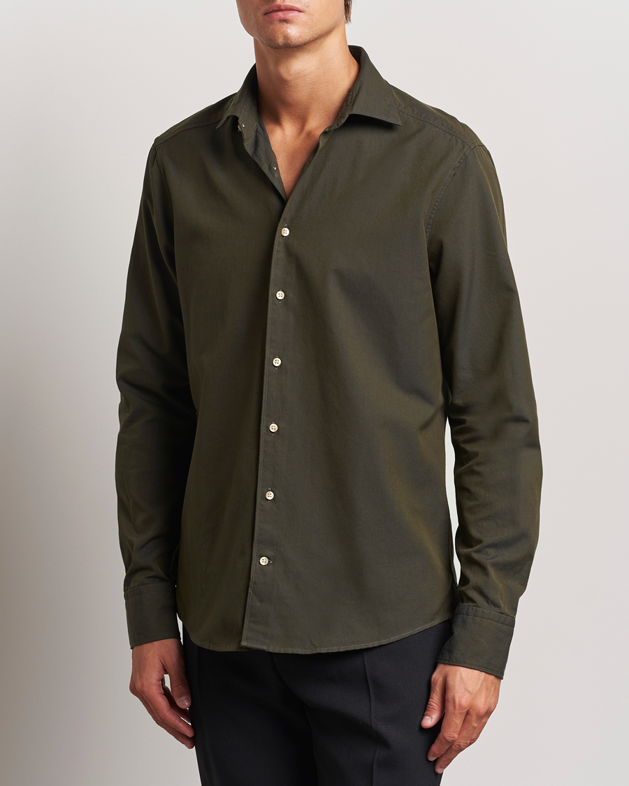 Herren | Hemden | Stenströms | Slimline Cut Away Washed Twill Shirt Dark Green
