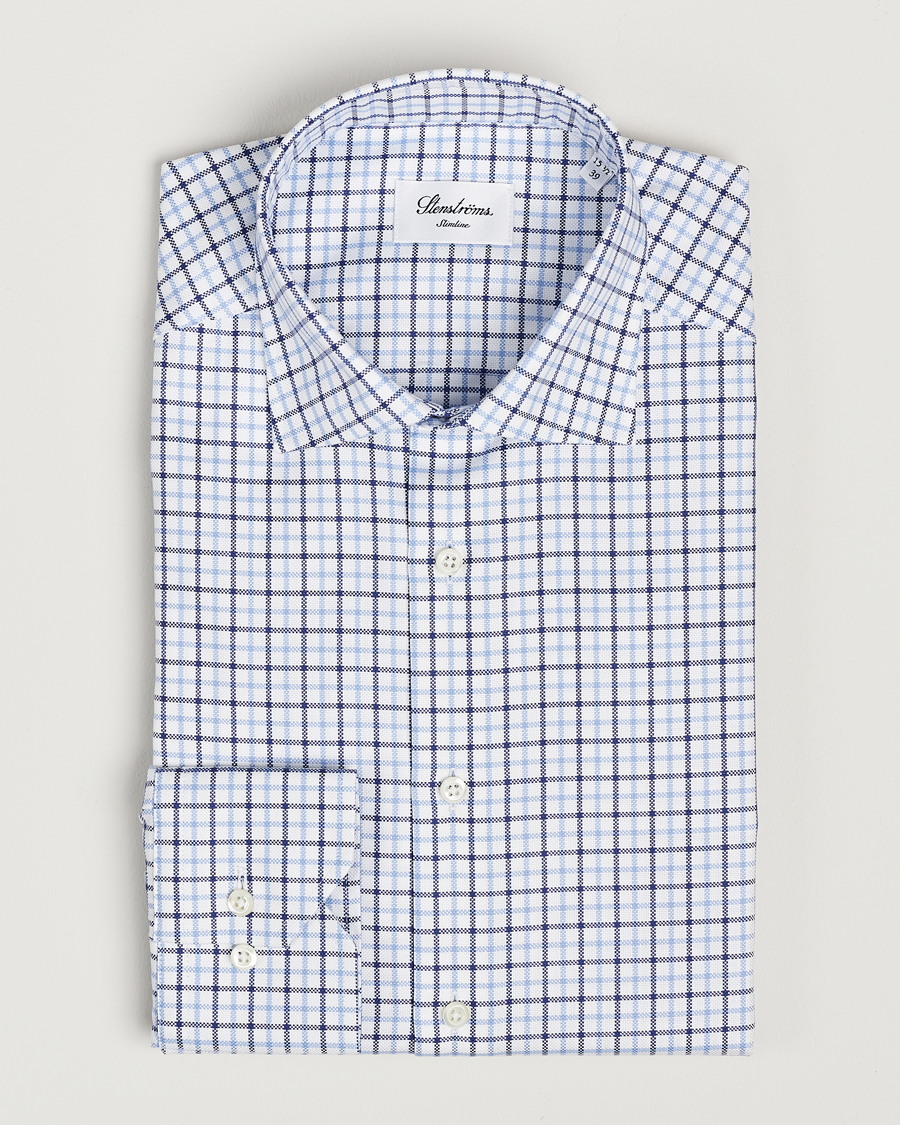 Herren | Hemden | Stenströms | Slimline Small Checked Cut Away Shirt Blue