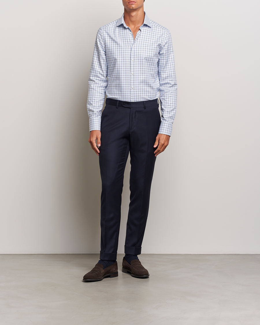 Herren | Hemden | Stenströms | Slimline Small Checked Cut Away Shirt Blue