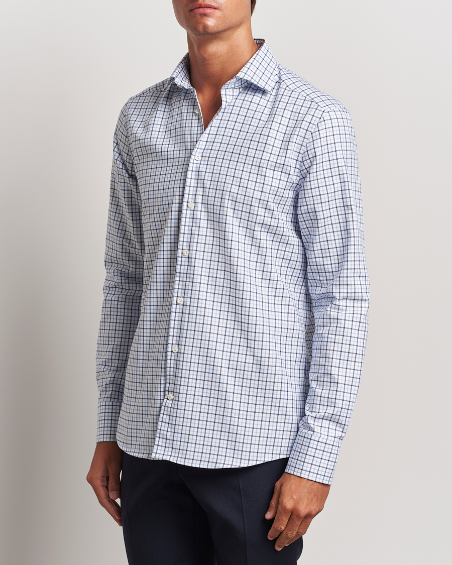 Herren | Hemden | Stenströms | Slimline Small Checked Cut Away Shirt Blue
