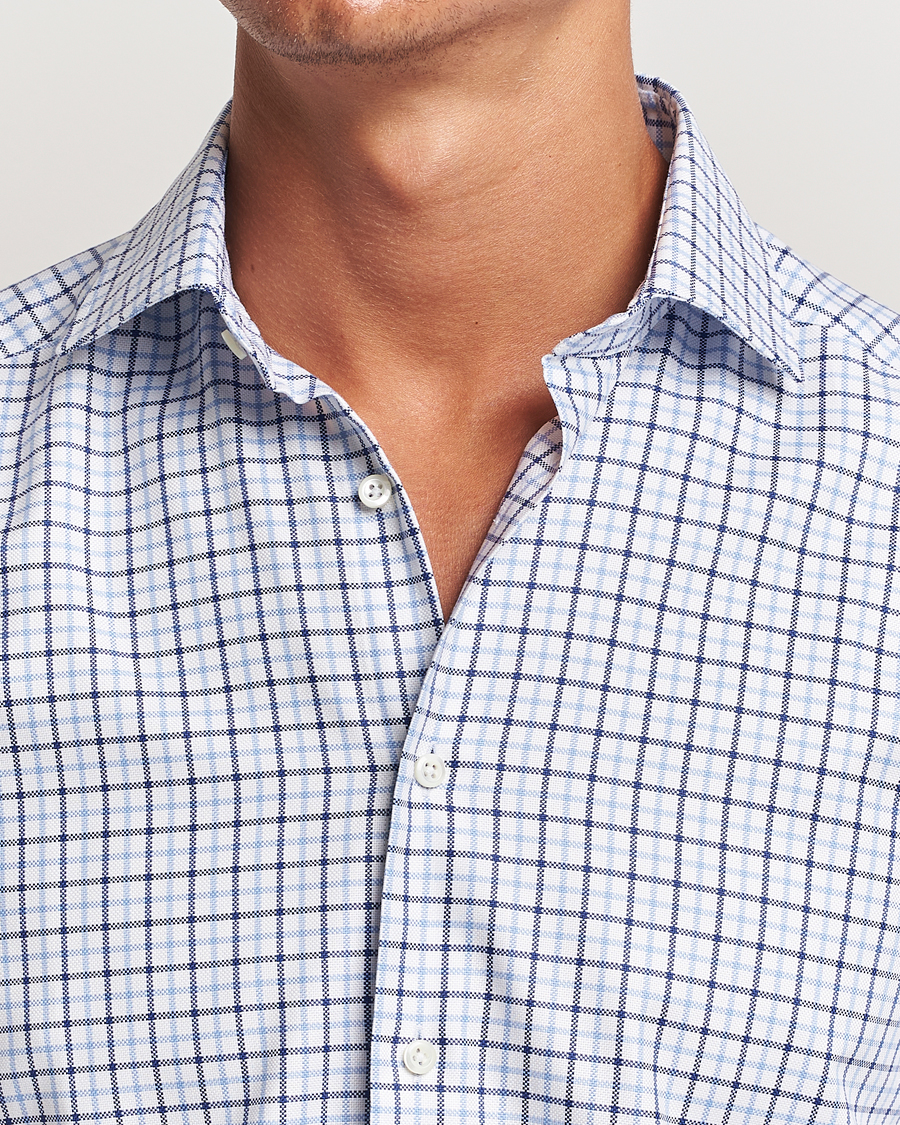 Herren | Hemden | Stenströms | Slimline Small Checked Cut Away Shirt Blue