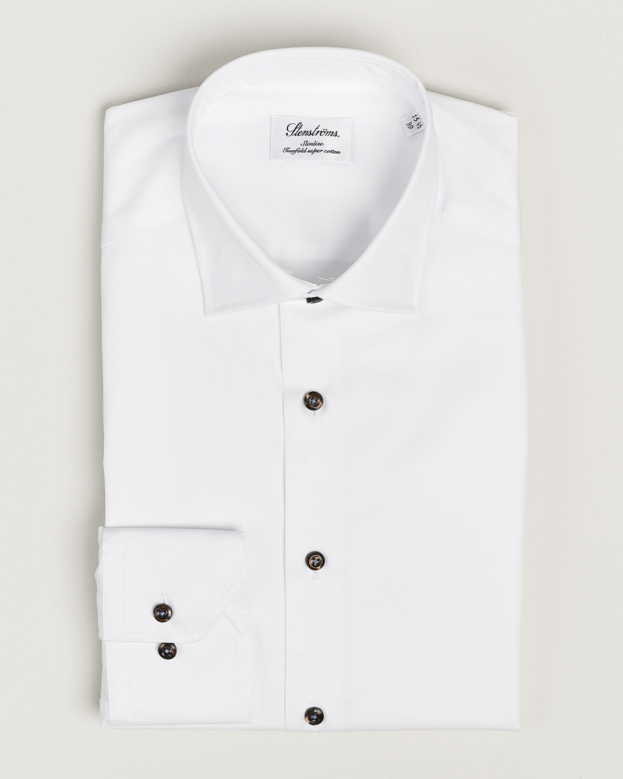 Herren | Hemden | Stenströms | Slimline Cut Away Contrast Button Shirt White/Brown