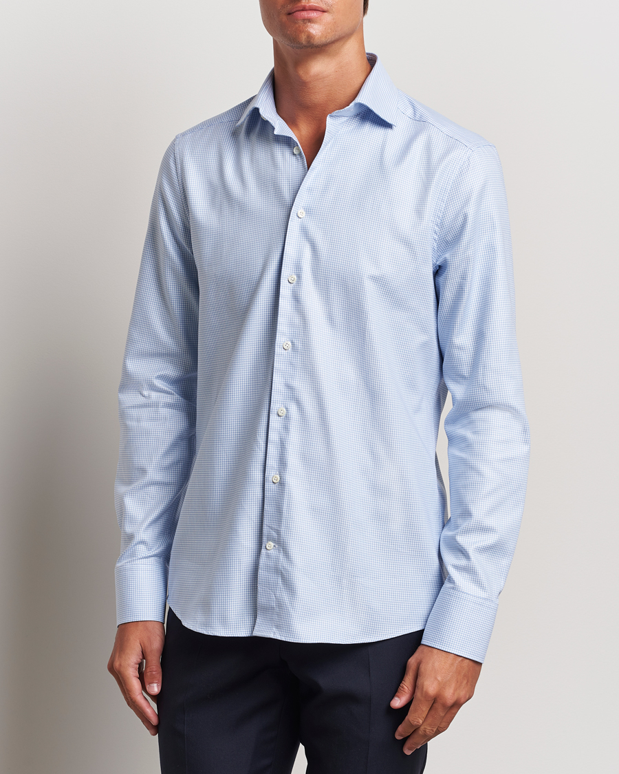 Herren | Hemden | Stenströms | Slimline Houndstooth Cut Away Shirt Light Blue
