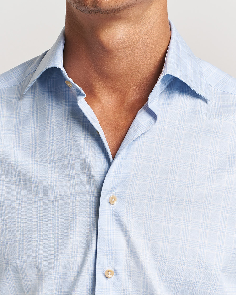 Herren | Hemden | Stenströms | Slimline Checked Twill Cut Away Shirt Light Blue