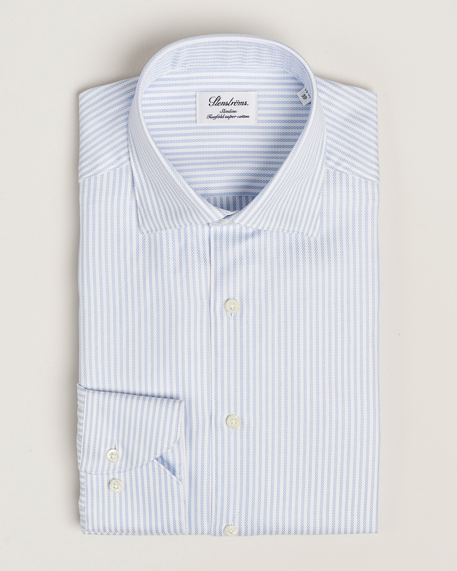 Herren | Hemden | Stenströms | Slimline Striped Twill Cut Away Shirt White/Blue
